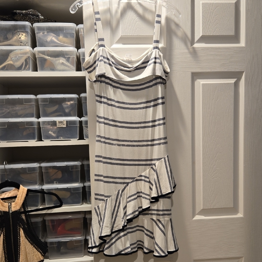 Venus Striped White and Gray Dress with Ruffle Black Hem